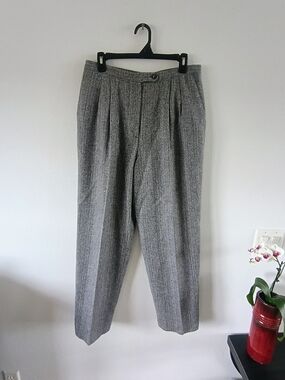 Vintage Barclay Square Wool Pleated Trousers Gray High Rise Herringbone